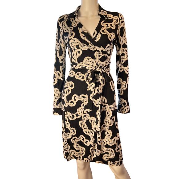 DVF New Jeanne Two Wrap Chain Jersey Silk Long Sleeve Dress Sz 10 - Picture 3 of 10